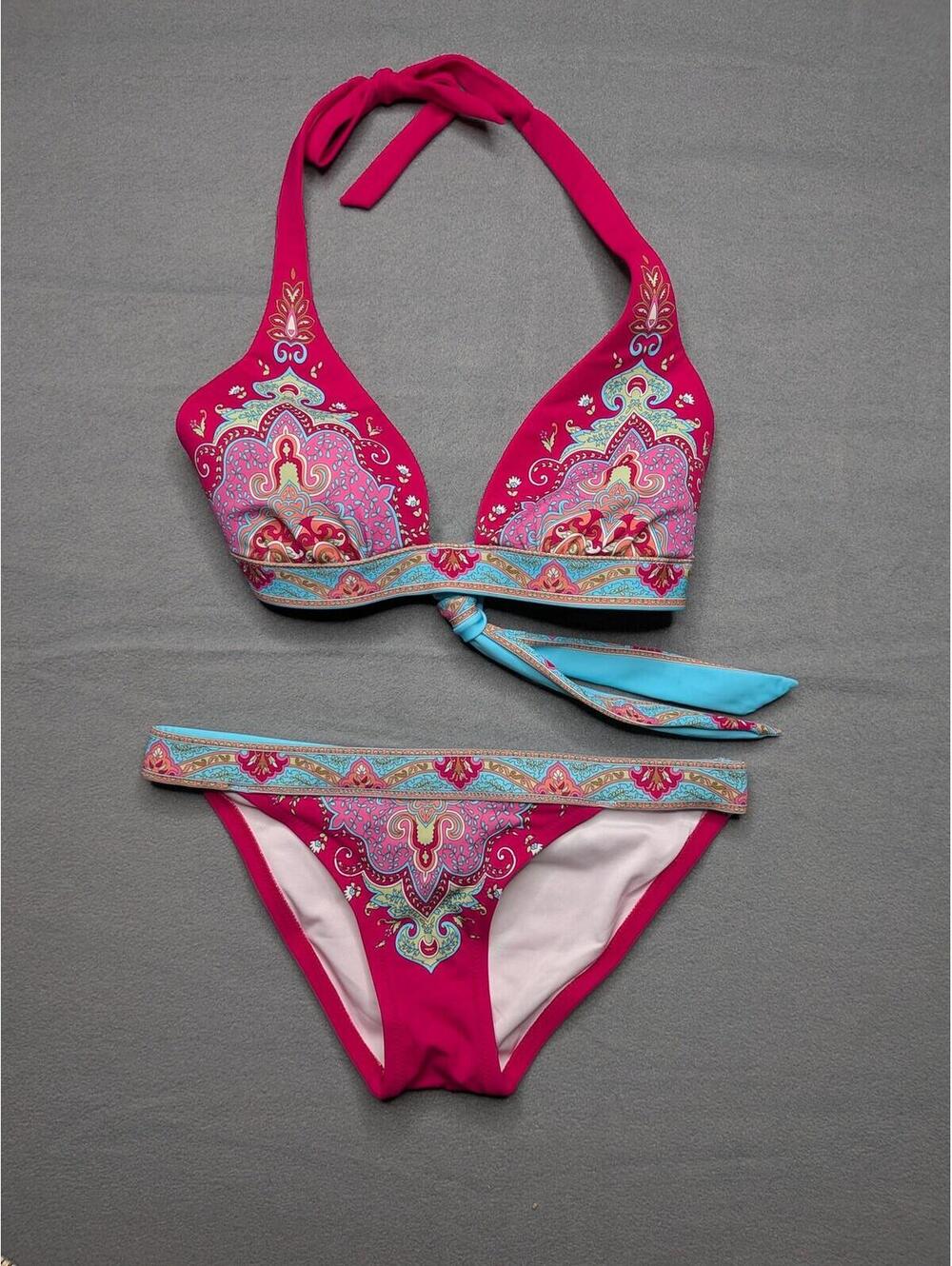 Victoria's Secret Bikini Set Womens M/XS Pink Paisley Halter Padded Tie Swimwear